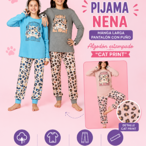 Pijama de Nena manga larga pantalón con puño Algodón estampado "Cat Print" Detalle Cat Prin, desde talle 4 hasta 16