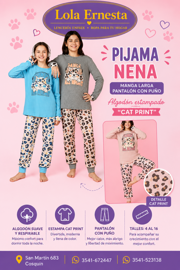 Pijama de Nena manga larga pantalón con puño Algodón estampado "Cat Print"
Detalle Cat Prin, desde talle 4 hasta 16 
