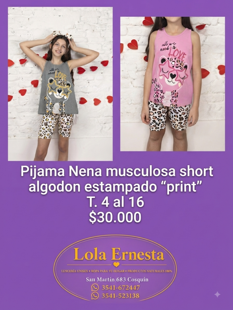 armame una imagen con estas fotos y la siguiente descripcion "Pijama Nena musuculosa short algodon estampado "print" 